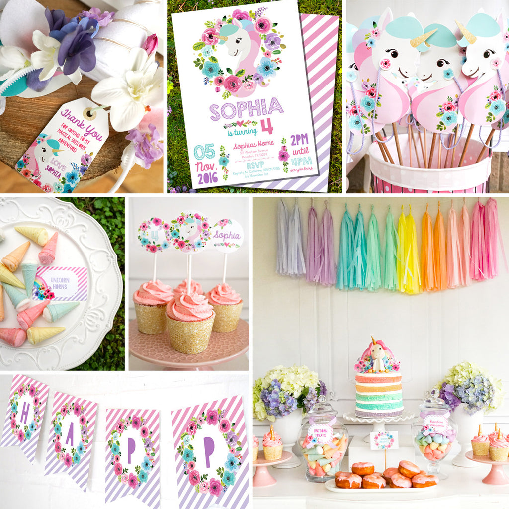 Unicorn Birthday Party Decorations, Watercolor Floral Unicorn